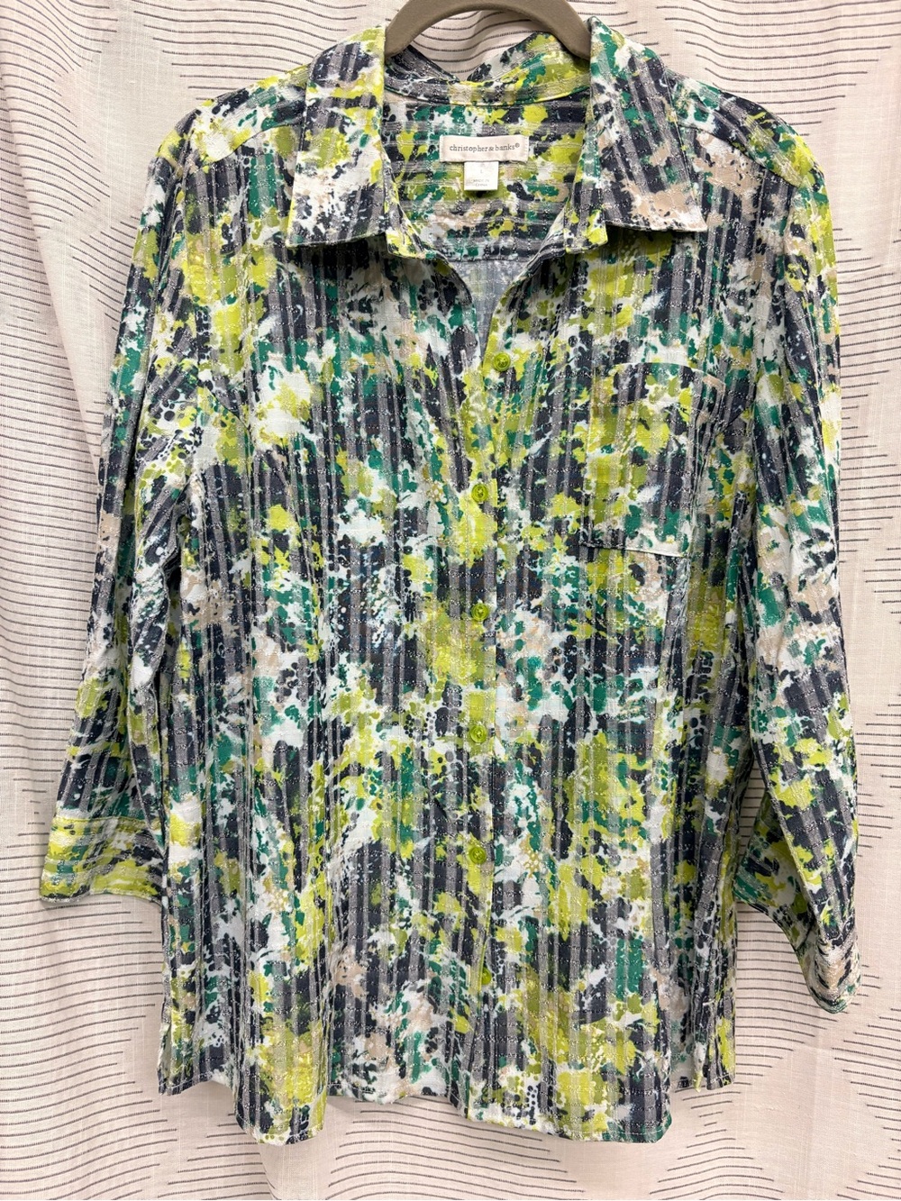 Christopher & Banks Lime Green and Teal Printed Button-Front Blouse